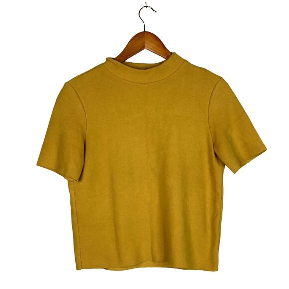 Zara Crop Ribbed Short Sleeve Mock Neck Raw Hem Crop Knit Top M Mustard Yellow - Picture 3 of 16